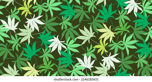 Nahtlose Muster mit grünen Marihuana Hanf Blätter auf dunkel. Vintage Muster Cannabis Blätter für medizinisches Design. Legalisierung von Marijuana. Vorlage für Textilien, Verpackungsmaterialien, Banner, Web. Vektorgrafik