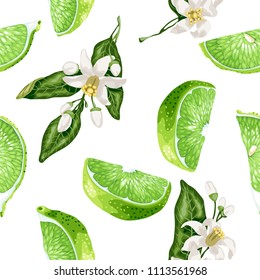 Seamless pattern in green and marine colors with lime slices and citrus lemon flowers in realistic vector graphic illustration 