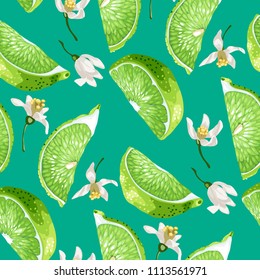 Seamless pattern in green and marine colors with lime slices and citrus lemon flowers in realistic vector graphic illustration 