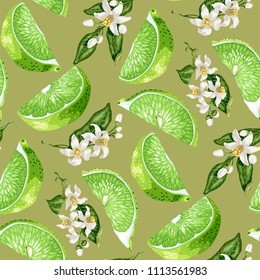Seamless pattern in green and marine colors with lime slices and citrus lemon flowers in realistic vector graphic illustration 