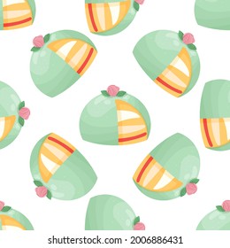 Seamless pattern with green marzipan cake. Pink marzipan rose. Swedish birthday cake. Prinsesstarta. Traditional swedish sweet. Seamless pattern in the cartoon style.