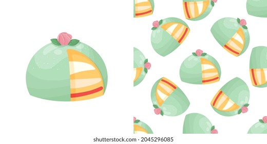 Seamless pattern with green marzipan cake. Pink marzipan rose. Swedish birthday cake. Prinsesstarta. Traditional swedish sweet. Seamless pattern in the cartoon style.
