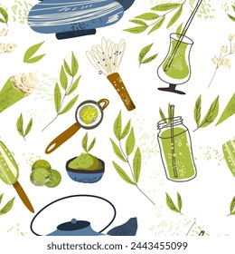 Seamless pattern with green matcha food, drinks, leaves, teapot, tools, mugs, cups. Endless repeatable Japanese texture with healthy organic products, people hands, characters. 