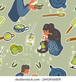 Seamless pattern with green matcha food, drinks, leaves, teapot, tools, mugs, cups. Endless repeatable Japanese texture with healthy organic products, people hands, characters. 