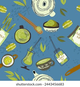 Seamless pattern with green matcha food, drinks, leaves, teapot, tools, mugs, cups. Endless repeatable Japanese texture with healthy organic products, people hands, characters. 
