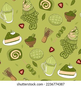 Seamless pattern with green matcha powder, food, drinks and leaves.Vector graphics.