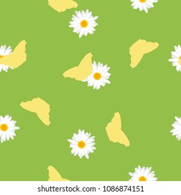 Seamless pattern green meadow with flying yellow butterflies silhouettes and white daisy flowers. Cute simple floral background with chamomile for funny kids room, vector eps 10