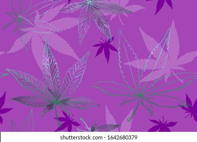 Seamless pattern of green metallic cannabis leaves. Pattern of pink or lilac marijuana leaf.
