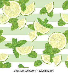 Seamless pattern with green mint leaves and lime slice on graphic background template. Vector set of herbal element for advertising, packaging design of mint products.