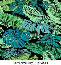 Seamless pattern with a green Monstera and Banana leaves on a black background. Vector illustration.