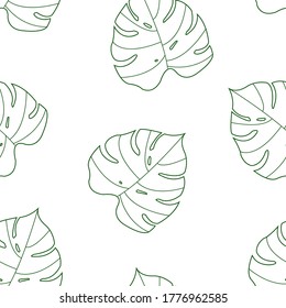 A seamless pattern with green monstera contour. Tropical leaves. Summer print. Palm pattern.