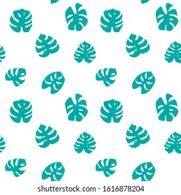 Seamless pattern with green monstera leaves. Exotic plant silhouettes on white background. Flat vector illustration.