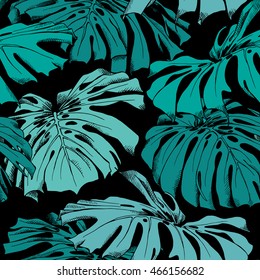 Seamless pattern with a green Monstera leaves on a black background. Vector illustration.