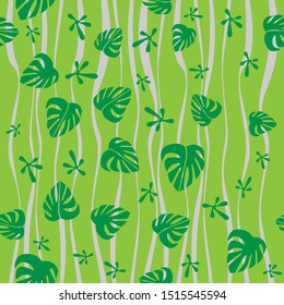 Seamless pattern. Green monstera palm leaves and lizard frog footprints on green backround. Vector graphic illustration.