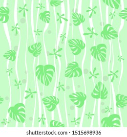 Seamless pattern. Green monstera palm leaves and lizard frog footprints on green backround. Vector graphic illustration.