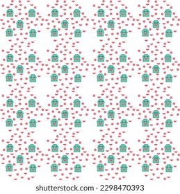 Seamless pattern with green monsters and hearts on a white background