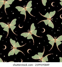 Seamless pattern with green moth on dark background. Hand drawn vector illustration. Texture for print, textile, fabric.