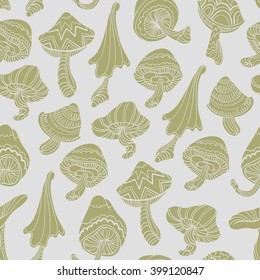 Seamless pattern with green mushrooms silhouettes. Simple background. Vector illustration.