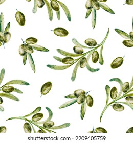 Patrón sin foco con ramas de olivo verdes sobre fondo blanco. Ilustración de acuarela dibujada a mano.