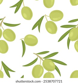 Seamless pattern with green olive branches on white. Vector cartoon flat illustration. Food background.