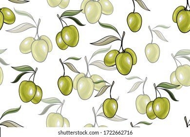 Seamless pattern with green olive tree branches on white background. Hand drawn. For the design natural organic cosmetics, wrapping paper, soap, olive oil. Vector stock illustration.