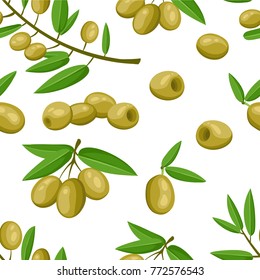 Seamless pattern green olives branch with leaves healthy vegetables and vegetarian fresh organic food vector illustration on white background web site page and mobile app design.