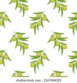 Seamless pattern with green olives on branch. Vector illustration