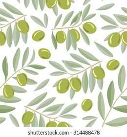 Seamless pattern with green olives on a branch with leaves. Vector illustration. For backgrounds, wallpapers, wrapping paper, textile.
