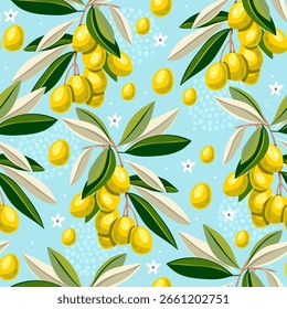 Seamless pattern with green olives in pastel Mediterranean style. Perfect for summer backgrounds, textiles, and coastal decor with dolce vita charm.