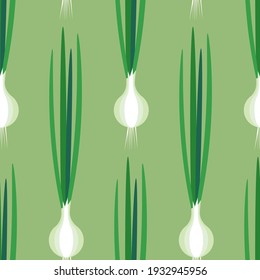 seamless pattern of green onions on a green background. it can be used for registration of vegetable products in agriculture. flat drawing. stock vector illustration. EPS 10.