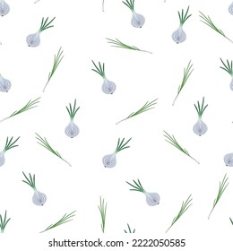 seamless pattern with green onions on white background, trendy pattern of half cut onions for kitchen design