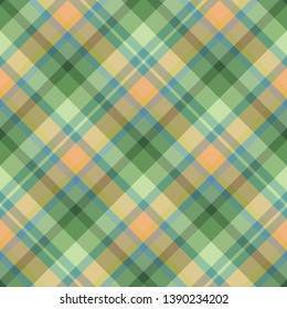 Seamless pattern in green, orange and blue colors for plaid, fabric, textile, clothes, tablecloth and other things. Vector image.