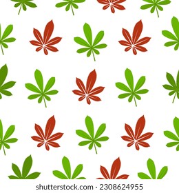 Seamless pattern with green and orange cannabis leaves on white background