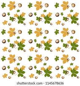 seamless pattern of green and orange chestnut and chestnut leaves, vector illustration