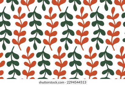 Seamless pattern with green and orange leaves on branches. Vector illustration in cartoon style.