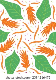 Seamless pattern of green and orange leaves on a white background. For multipurpose applications.