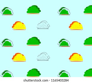 seamless pattern of green, orange, outline bushes icons on blue background. vector images. As template for gift paper, package products for garden shop. As print for tablecloth.