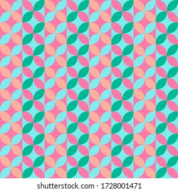 Seamless pattern with green, orange and pink elements with vertical alternation in vector graphics.