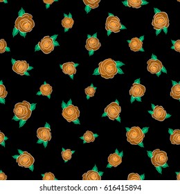 Seamless pattern with green and orange rose flowers, vector floral illustration in vintage style.