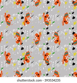 Seamless  pattern with green, orange and yellow elements on grey background