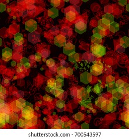 Seamless pattern. Green, orange, yellow, red transparent geometric elements on dark backdrop. Abstract vector background for web page, banners, fabric, home decor, wrapping 