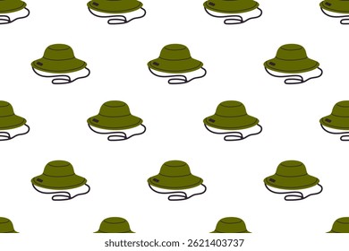 Seamless pattern with green outdoor sun hats on white background