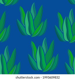 Seamless pattern of green outline Agave succulent plants vector illustration on the blue background
