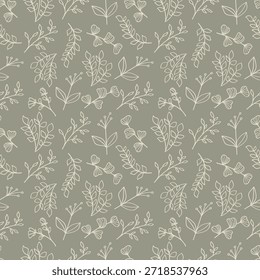 Padrão contínuo verde contorno folhas botânicas e flores fundo ilustração natureza. Ilustração de vetor