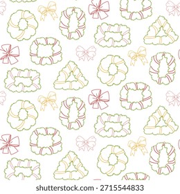 Patrón sin fisuras con Navidades de contorno verde coronas de varias Formas con arcos de colores. Diseño de vacaciones minimalista para papel de regalo festivo, estampados de temporada en textiles o fondos digitales