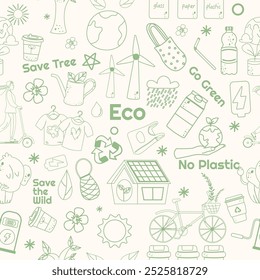 Seamless pattern green outline doodle eco friendly