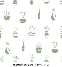 Seamless pattern of green outline flowers on a white background in vases with patterns