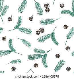 Seamless pattern of green outline hand drawing vector illustration of a carved Christmas fir branches with brown cones isolated on a white background