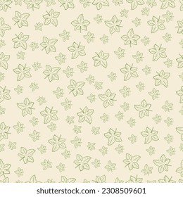 Seamless pattern with a green outline of a maple leaf on a beige background. For textiles, packaging, wallpaper. Vector illustration