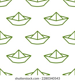 Seamless pattern with green outline origami boat